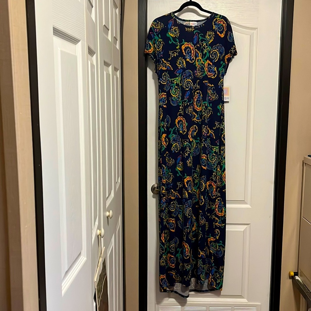 LuLaRoe NWT Maria short sleeve maxi dress, navy print, size L